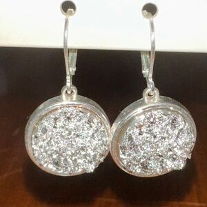 Vtg Joan Rivers Classics Collection Metallic Silver Druzy Round Dangle Earrings